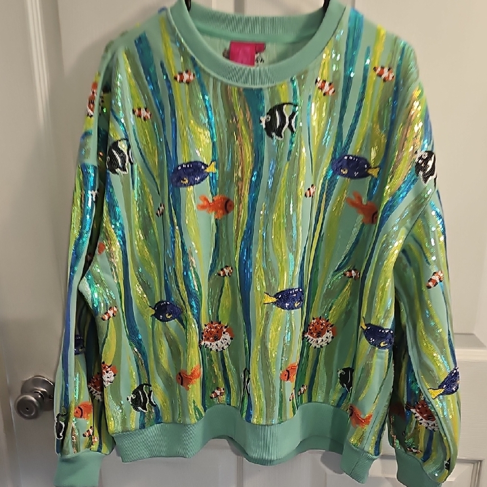 QUEEN OF SPARKLES Sequin Fish Sweatshirt - Green and Blue